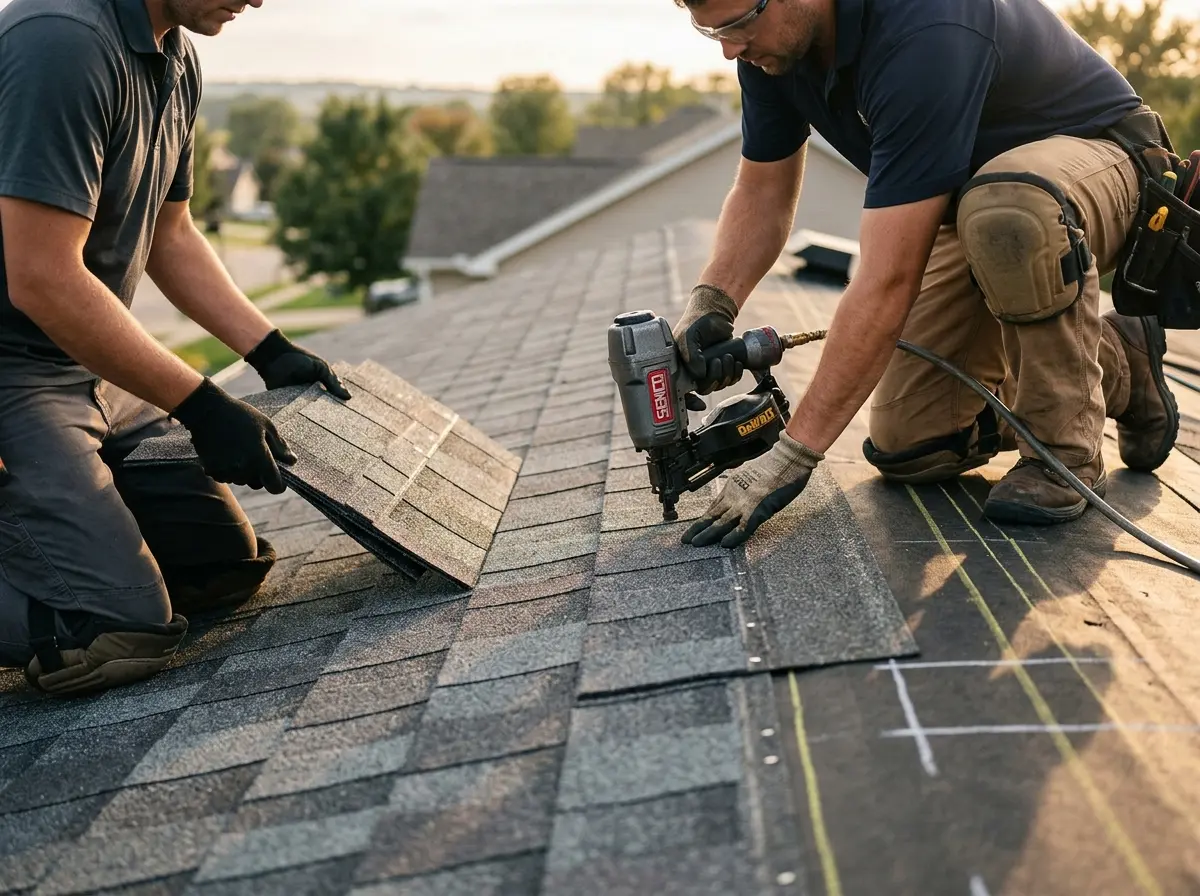 Professional roofer working on a residential roof in North Ridgeville